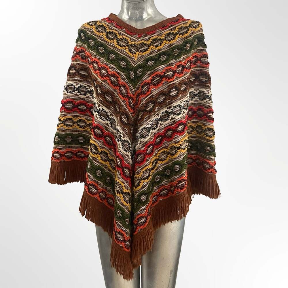 Multicolor Knit Aztec Poncho w Fringe Boat Neck - Picture 2 of 7